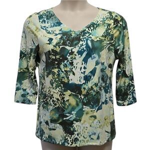Chico's Green Watercolor Floral 3/4 Sleeve Top Stretch Size M